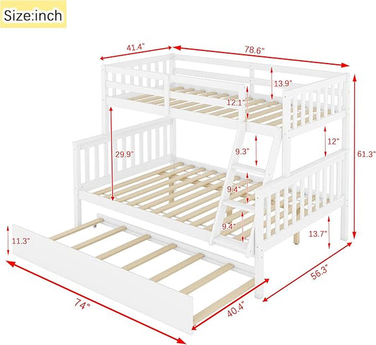 Harper & Bright Designs Convertible Wood Twin-Over-Full Bunk Bed with Trundle and Ladder - Can Be Divided Into Two Platform Beds, White