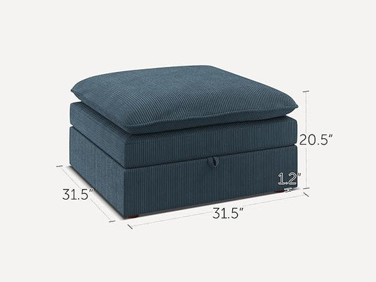 HONBAY Corduroy Ottoman, 31.5 Inch Square Ottoman Bench with Storage for Living Room, Blue