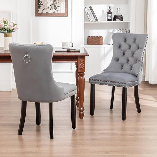 Mid Century Modern Dining Chair Set of 2 Velvet Upholstered Dining Accent Chair Farmhouse Dining Chairs with High Back and Nailhead Trim for Kitchen, Living Room, Bedroom (Gray)
