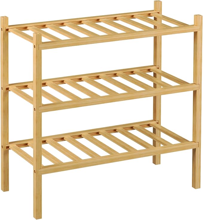 ROMGUAR CRAFT 3-Tier Bamboo Small Shoe Rack, Free Standing Wood Shoe Shelf Storage Organizer for Closet Entryway Stackable (Natural)