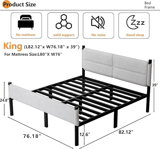 Metal Bed Frame,14Inch King Size Bed Frame with Storage Space,Heavy Duty Sturdy Mattress Foundation,Easy Assembly,No Box Spring Needed,King White