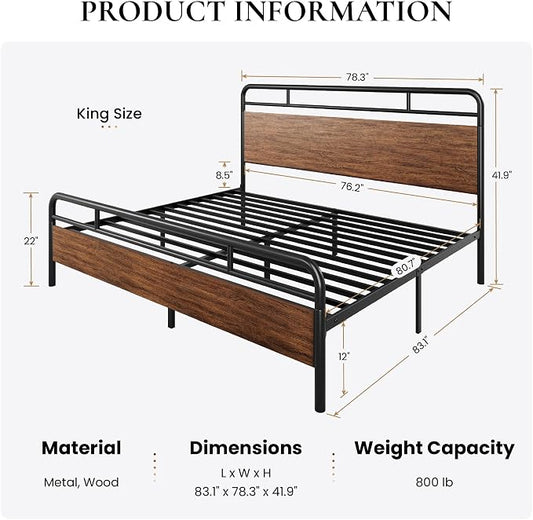 SHA CERLIN King Size Bed Frame with Wooden Headboard and Footboard, Rounded Corner Metal Structure, Heavy Duty Slats with Under-Bed Storage, No Box Spring Needed, Walnut