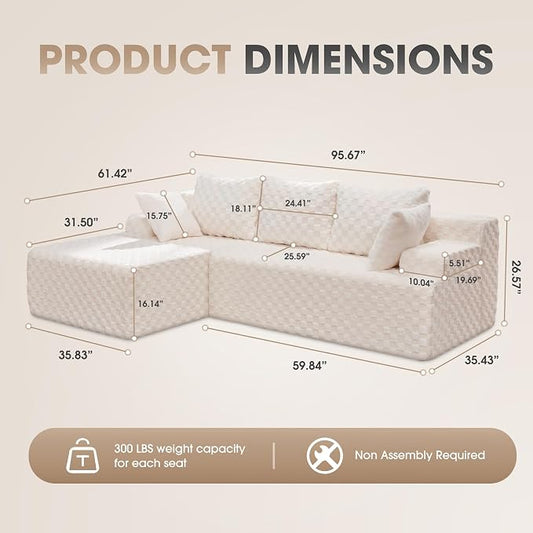 Hobestluk Boneless Couch Modular Sectional Sofa L-Shape Couch 3 Seat Modular Couch Memory Foam Sectional Couches for Living Room Furniture, Cloud Couch with Chaise Lounge (96" Left Facing Chaise)