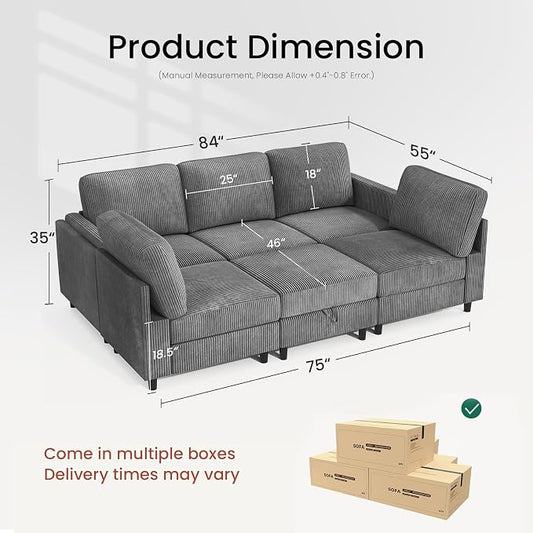 KKL Modular 83'' 6 Seater Sofa Bed - Sectional Sofa with Storage Ottoman, Convertible U/L -Shaped Sleeper Couch for Living Room, Modern Reversible Design, Grey