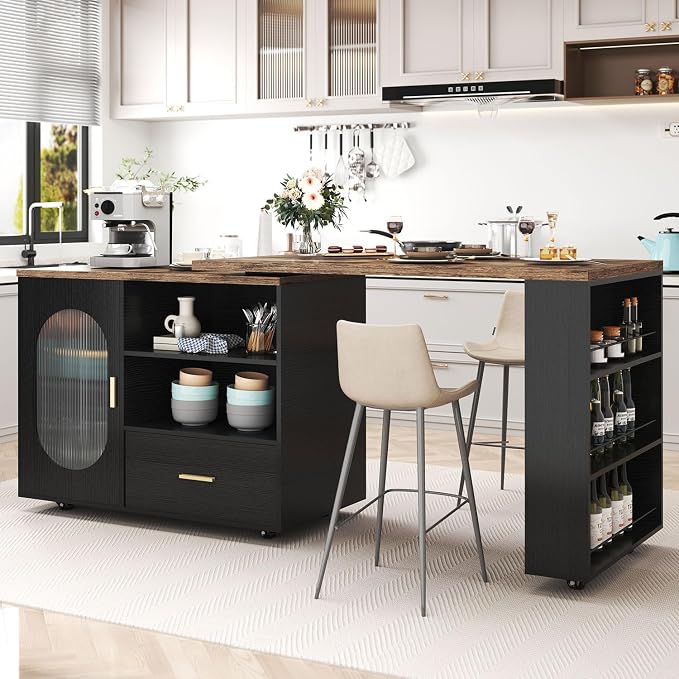 HSH 72" Rustic Kitchen Island with Storage, Mobile Farmhouse Kitchen Island Cart with Cabinet, Drawer & Shelves, Island Table on Wheels for Meal Prep, Dining Room & Home Bar, Rustic Brown & Black Oak