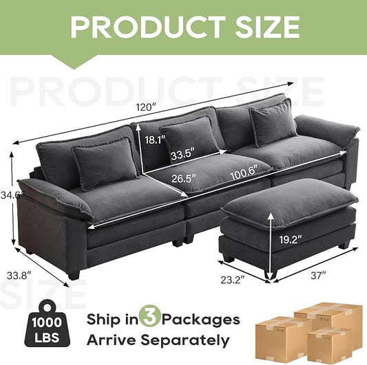 Oprisen 120" Modular Sectional Sofa, Comfy Cloud Couch Sectional Sofa with Ottoman, Velvet Sofa Sleeper Deep Seat Sofa with Throw Pillows for Living Room (Blue Gray, 120"- L Shape)