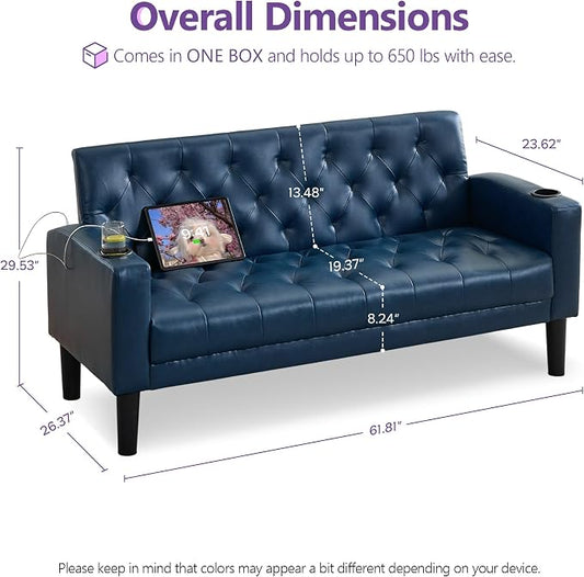 TYBOATLE 62" W Leather Loveseat w/ 2 USB and 2 Cupholders, Mid-Century Modern Tufted Small Love Seat Couches for Office, Living Room, Bedroom, Dorm (1, Blue)