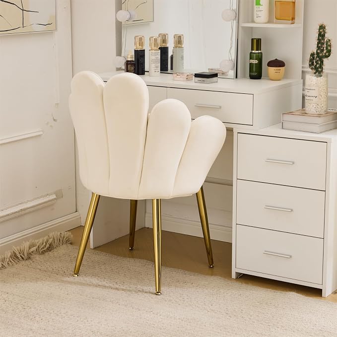 VINGLI Petal Makeup Vanity Chair with Back,Flower Cute Girls Desk Chair Comfy No Wheels,Modern Dining Chair,Small Accent Chair with Adustable Gold Legs&Bow Pillow for Home Office,Bedroom,Velvet,White
