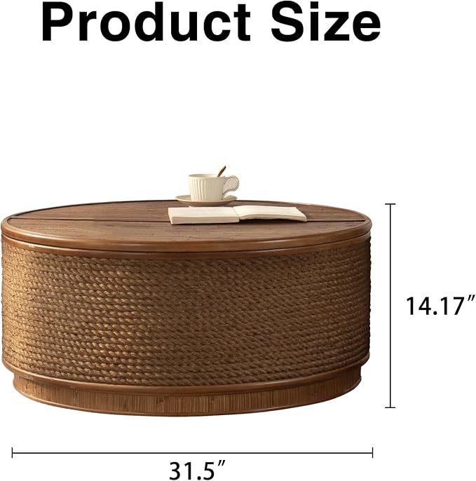 Round Rattan Coffee Table Set of 2 with Lift-Off Lid Storage, Boho-Chic End Table with Hand-Woven Hemp Rope Trim for Living Rooms, Compact Spaces