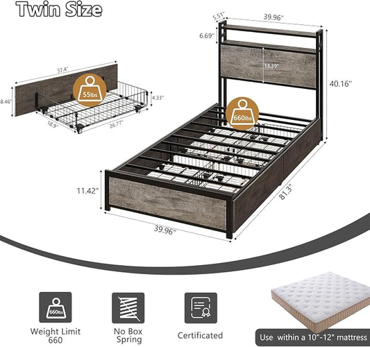 VINGLI Bed Frame Twin Size with 4 Storage Drawers and Headboard, Metal Platform Bed with Charging Station and RGB LED Lights, No Box Spring Needed, Noise Free, Easy Assembly, Wash Grey