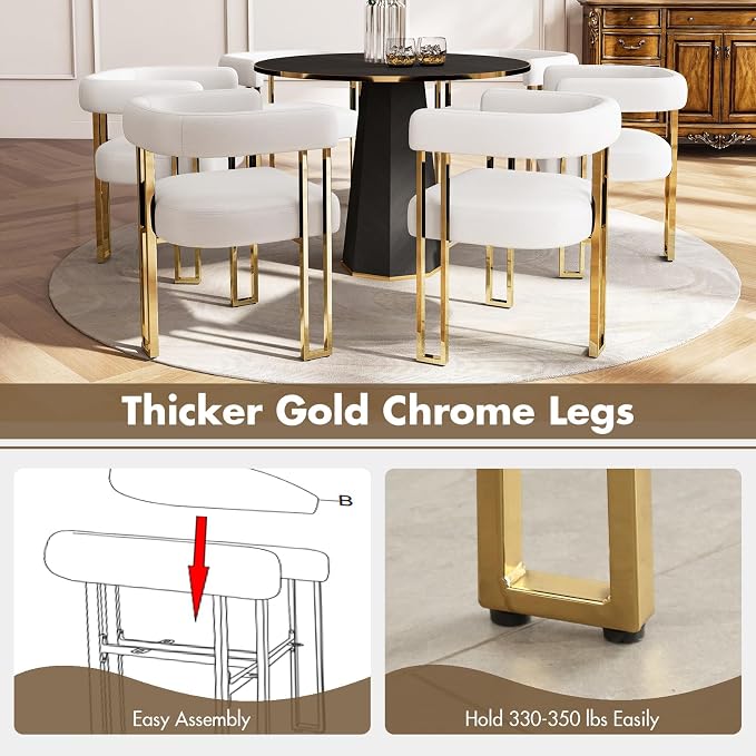 Hyfirm Beige and Gold Modern Dining Chairs Set of 6, Velvet Upholstered Barrel Armchairs with Metal Legs for Kitchen Island, Mid Century Accent Chairs for Dining Room Living Room, Open-Back