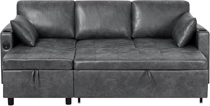 84 inches Suede Leather Sleeper Sofa w/Pull Out Bed, L-Shape Sectional Sofa Bed w/Adjustable Backrest and Storage Chaise, 3-Seats Upholstered Sofa Bed w/USB Port for Living Room, Grey