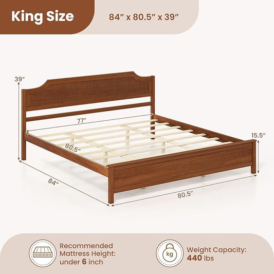 Giantex King Size Wooden Bed Frame with Headboard, Wood Slat Support | Farmhouse Platform Bed with Heavy Duty Mattress Foundation, Under-Bed Storage, No Box Spring Needed, Easy Assembly (Walnut)