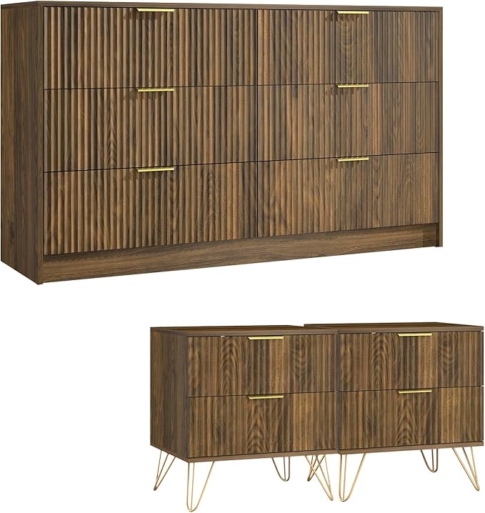 Walnut Dresser and Nightstand Sets, 6 Drawer Dresser Set for Bedroom 3 Piece, 55” Wide Fluted Wood Dressers W/Metal Handle & Night Stand Set of 2, Modern Bedroom Furniture Sets, Walnut