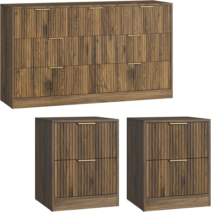 7 Drawer Dresser & Nightstand Set 3-Piece, 55” Wide Bedroom Dresser and Night Stand Set of 2 with Metal Handle, Fluted Modern Wood Chest of Drawers Storage Dressers Set for Bedroom, Walnut