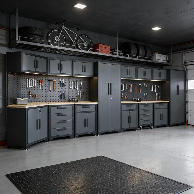 Garage Cabinets and Storage System, 17PCS Garage Storage Cabinet System Corner Workshop Set with Corner Cabinet, Cabinet Drawers, Workbench, Pegboard for Tool Organization, Black Grey