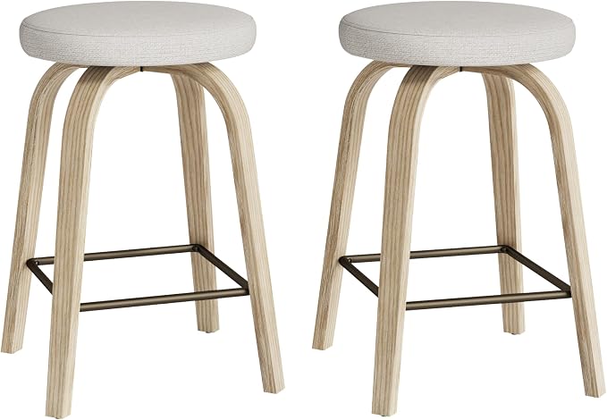 Bar Stools Set of 2, Counter Height Backless Bar Stools, 26" Swivel Barstools Kitchen Chair with Upholstered Fabric Seat, Beige
