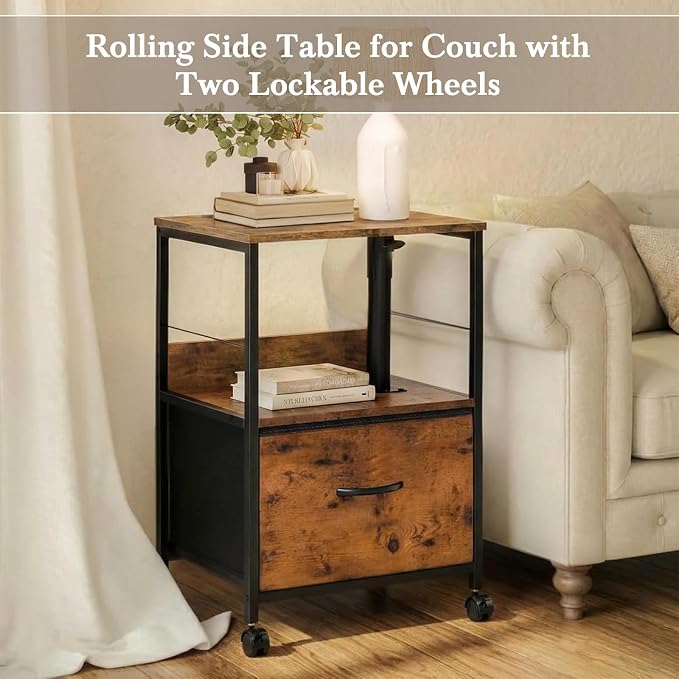 Faesun Swivel Lift Top Nightstand, Rolling Side Table for Recliner, Bedside Table with Wheels & a Fabric Drawer, for Small Spaces, for Bedroom, Living Room, Brown