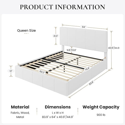 SHA CERLIN Queen Bed Frame, Velvet Upholstered Platform Bed Frame, Vertical Channel Tufted Adjustable Headboard, Low Profile Bed Frame, No Box Spring Needed, Easy Assembly, White