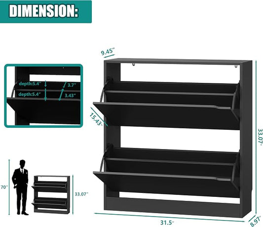 Xixini Shoe Storage Cabinet for Entryway with 2 Flip Drawers, Wood Freestanding Hidden Shoe Storage, Sturdy Narrow Slim Shoe Organizer for Front Door Entrance, Living Room, Hallway, Bedroom, Black