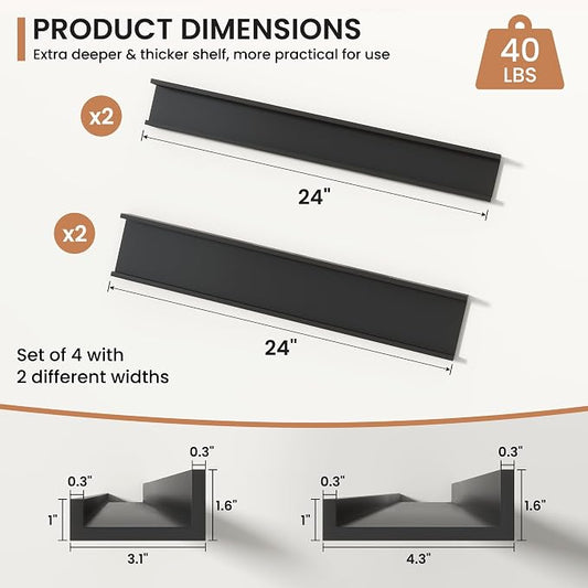 Fun Memories Picture Ledge Shelves Set of 4, 24 Inch Rustic Wall Mounted Floating Shelves with Lip for Home Storage and Décor in Bathroom, Kitchen, Nursery, Bedroom, Living Room, Black