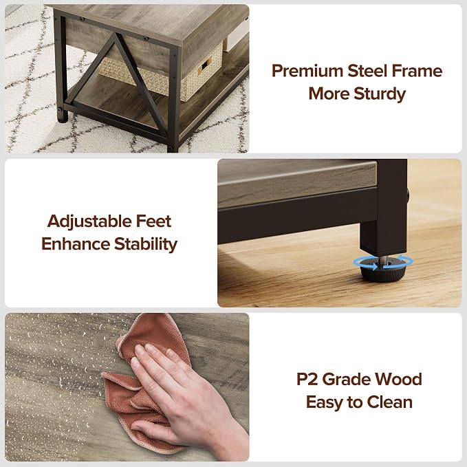 Memobarco Lift Top Coffee Table,Lift Coffee Table with Storage Shelf and Large Hidden Compartment for Living Room,Lifting top Coffee Tables for Small Space,Grey