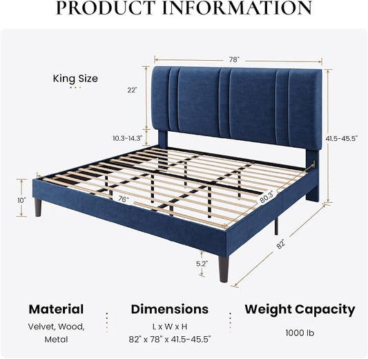 SHA CERLIN King Size Platform Bed Frame, Velvet Upholstered Bed with Adjustable Headboard, Vertical Channel Tufted Design, Sturdy Wood Slat Support, No Box Spring Needed, Easy Assembly, Dark Blue