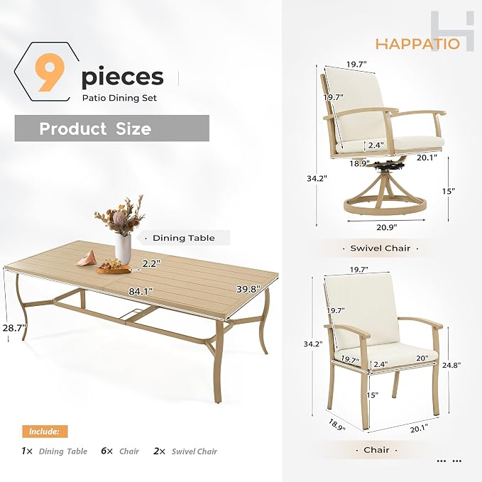 HAPPATIO Aluminum 9 Piece Patio Dining Sets, Outdoor Dining Set for 8, Patio Furniture Sets, 2 Swivel Dining Chairs, 6 Dining Chairs, Aluminum Furniture Set for Patio, Yard (Beige)