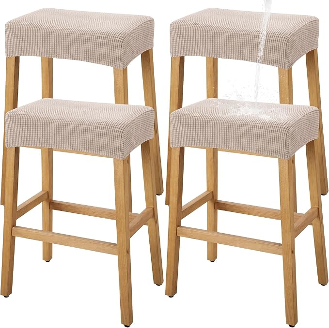 YISUN Stool Covers Rectangle - 4 Pack Stretch Waterproof Saddle Seat Cover Counter Bar Stools Bar Chairs Covers Kitchen Island Chairs Cushion Protector (4, Khaki)
