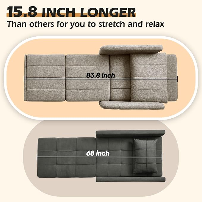 ZZW Sleeper Chair, 84" Extra Long Convertible Chair Bed, Upgraded 3-in-1 to 4-in-1 Pull Out Chair & Single Sofa Bed for Adult, Sleeping Chair for Living Room, Small Space (Light Grey)