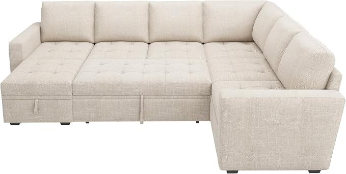 HONBAY Sectional Sleeper Sofa Couch with Pull Out Bed, Convertible L Shaped Couch with Storage, Sleeper Sectional Sofa Bed for Living Room, Beige