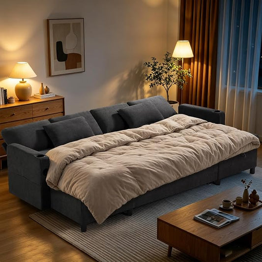 110" U-Shaped Pull Out Sofa Bed w/Adjustable Backrests, Grey | Sectional Sleeper Couch w/Convenient USB Ports & Storage Chaise, Upholstered Sofa Bed w/Cup Holders for Living Room, House