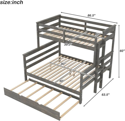Merax Twin XL Over Queen Bunk Bed Wood Detachable Bunk Bed with Trundle & Ladder, Multifunction Bunk Bed,Can be Separated into 3 Beds, No Box Spring Needed,Space Saving,Gray