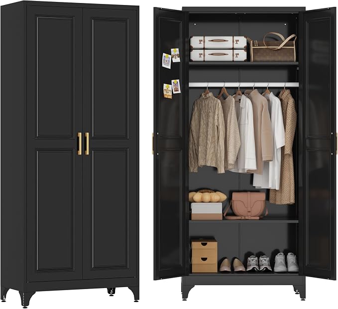 Metal Wardrobe Cabinets,Black Armoire Wardrobe Closet with Hanging Rod,Clothes Storage Cabinet with Adjustable Shelves and Doors,Clothing Cabinet for Bedroom, Office, Laundry Room