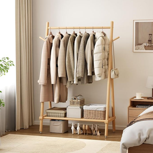 Muwuele Solid Wood Clothing Rack, Rolling Clothes Rack for Hanging Clothes, Garment Rack with Shelves Load 350 Lbs, Portable Closet Organizer on Wheels for Hanging Clothes (Natural)