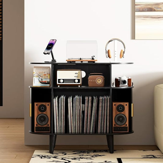 LUVIOHOME Large Round Record Player Stand with Charging Station & USB Ports,Record Storage Cabinet, Mid Century Modern Turntable Stand for Bedroom Living Room (Small Black)