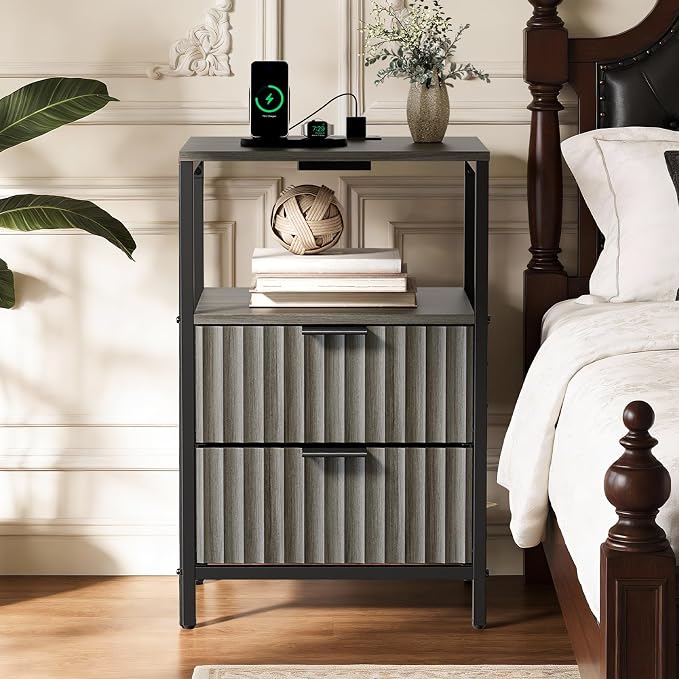 VINGLI Grey Night Stand with Charging Station and Fabric Drawers, Fluted Nightstand Gray with Drawers, Grey Bedside Table/End Table for Bedroom, 14.96" W*11.81" D*23.78" H