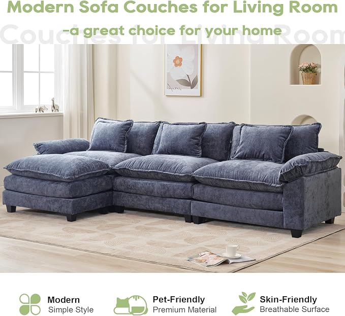 Oprisen 120" Modular Sectional Sofa, Comfy Cloud Couch Sectional Sofa with Ottoman, Chenille Sofa Sleeper Deep Seat Sofa with Throw Pillows for Living Room (Blue, 120"- L Shape)