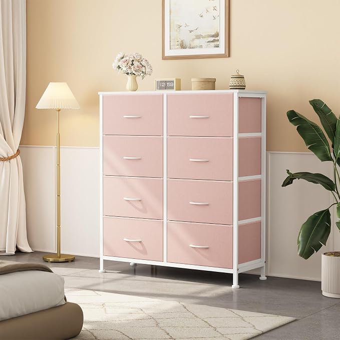 OLIXIS 8 Drawer Storage Dresser with Wood Top - Wide Fabric Chest Organizer for Bedroom, Closet, Living Room,Tower Cabinet, TV Stand, Hallway Entryway Furniture,Pink