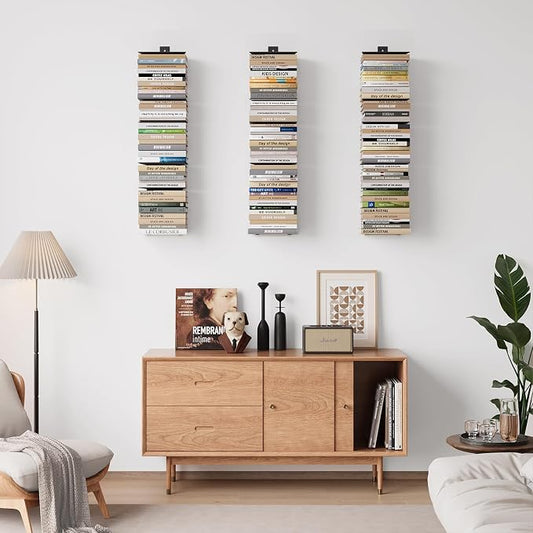 Wawocs Invisible Bookshelves for Wall, 8 Tier Floating Bookshelf Made of Heavy Duty Metal, Vertical Spine Book Tower Hanging Wall Bookshelf, Floating Book Shelves for Wall, 4 Pack Black
