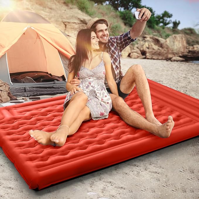 FNARMW Double Sleeping Pad Camping, Self Inflating 6'' Extra-Thick 2 Person Pillow Built-in Foot Pump Waterproof Inflatable Sleeping Mat Backpacking, Tent, Hiking, Portable Camping Pad (Orange-Black)