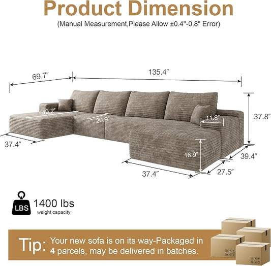 AUGOP 136" Sectional Couches for Living Room Modern Modular Sofa with L-Shape Couchs Upholstered Boneless Couch Deep Seat Sectional Couch with Chaise (Camel, Left Facing Chaise+3Seaters+Ottoman)
