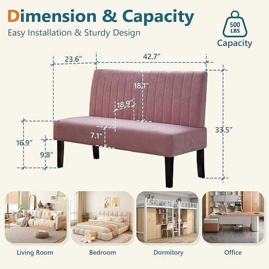 STHOUYN Mini Small Comfy Couch Armless Loveseat Sofa for Bedroom with USB Port, Velvet Couches for Small Spaces Living Room, Apartment Office Dorm (Pink)