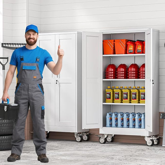 61" Metal Garage Storage Cabinet with Wheels and Locking Doors and Tall Rolling Steel Tool Cabinet with 3 Adjustable Shelves for Garage,Home,Office,Shop (White, 61''H x 28''W x14''D)