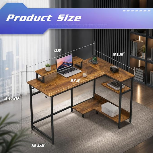 DEVAISE 47 Inch L Shaped Gaming Desk with LED Lights & Power Outlets, Corner Desk for Small Spaces, Sturdy PC Computer Table with Storage for Home Office, Rustic Brown