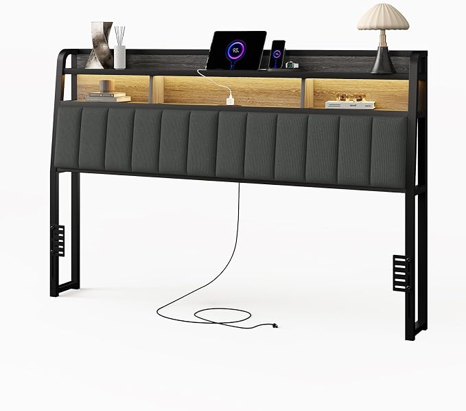 King Headboard Only with Storage, Upholstered Headboards for King Size Bed with LED Light, Charging Station, Height Adjustable, Sturdy and Stable Headboard, Black & Grey