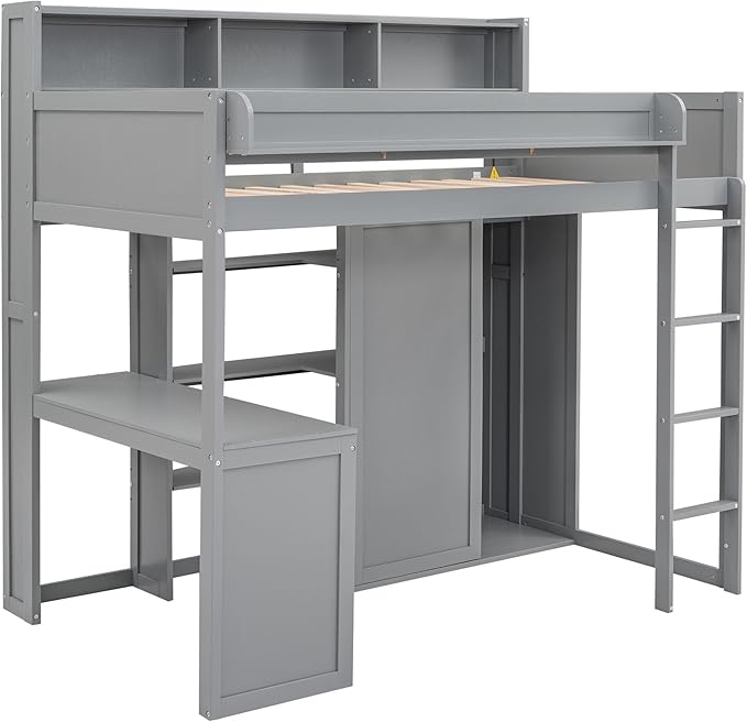 Ball & Cast Twin Size Loft Bed with Stair & Safety Guardrail,Wood Bedframe with Storage Drawer,2 Wardrobes & Mirror,Space Saving,No Box Spring Needed,Versatile Bedroom Furniture for Boys Girls,Gray