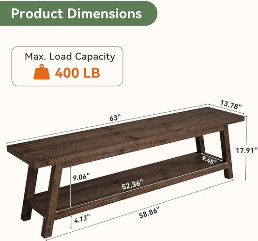 Solid Wood Entryway Bench with Shoe Storage Shelf, 62.99" Long Rustic Hallway Shoe Bench, Natural Wood Mudroom Window Seating, 400 lbs Capacity