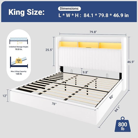Allewie King Size Lift Up Hydraulic Storage Bed Frame, 2-Tier Shelf Headboard with LED Lights and Charging Station, USB and Type C Ports, Wingback Velvet Headboard, No Box Spring Needed, White