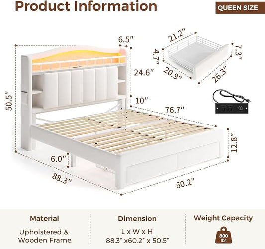 Queen Size Bed Frame with LED Storage Headboard & 2 Storage Drawers, Velvet Upholstered Bed with Vertical Tufted Headboard Design, USB & Type-C Charging Ports, Wooden Slats Support, Noise-Free, Beige